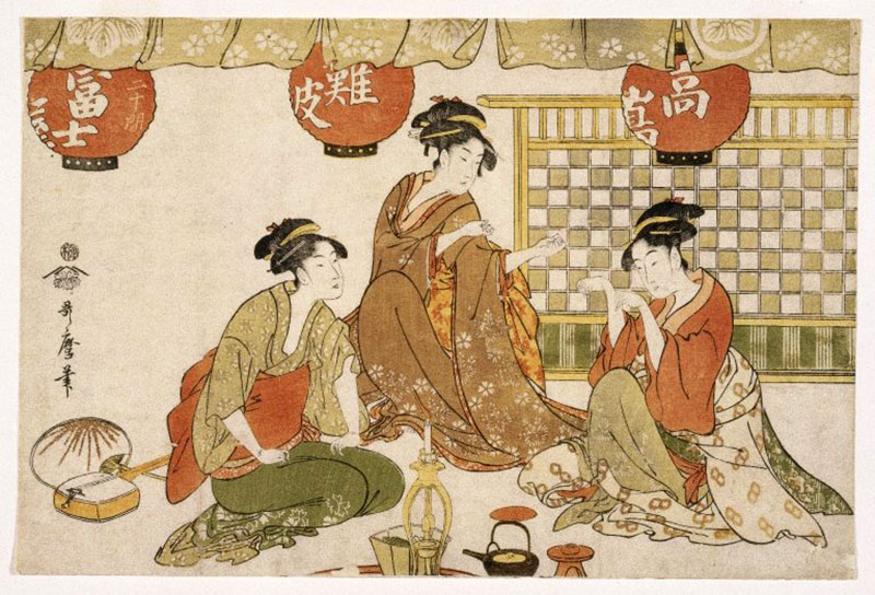 Three Seated Ladies with Lanterns